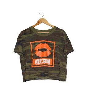 Vixxon Womens Camo Crop Top Short Sleeve Orange Lip Graphic T-Shirt Size L